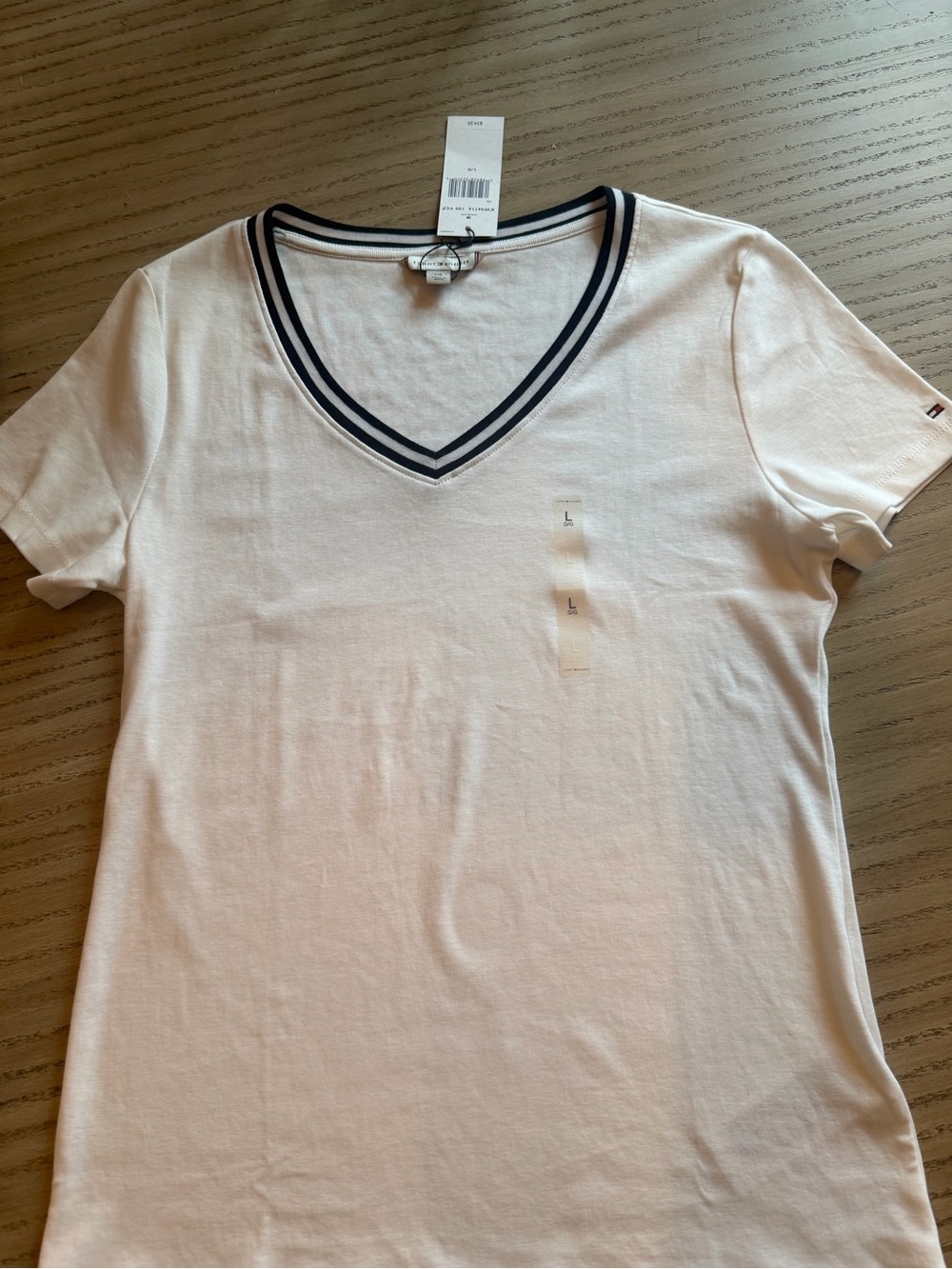 Tommy Hilfiger White V-Neck Tee with Navy Trim